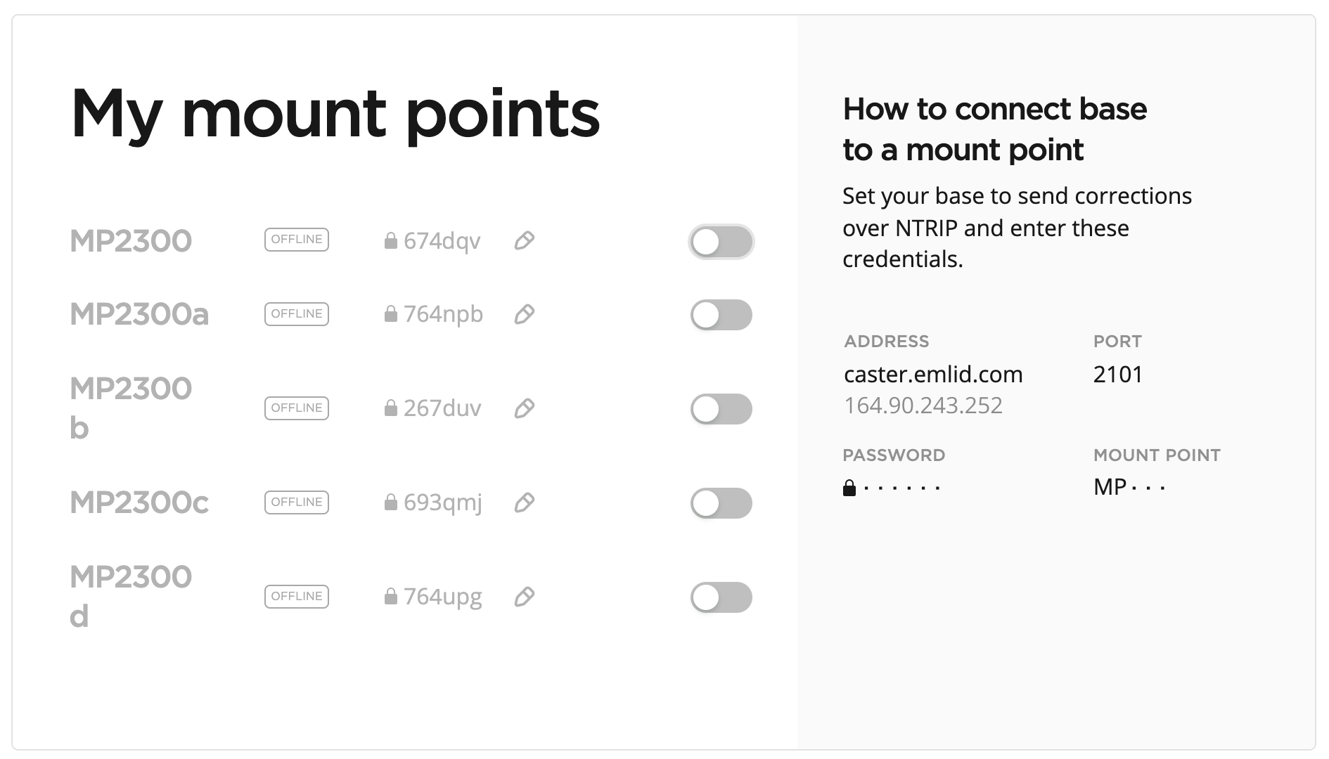 Schermata My mount points di Emlid Caster