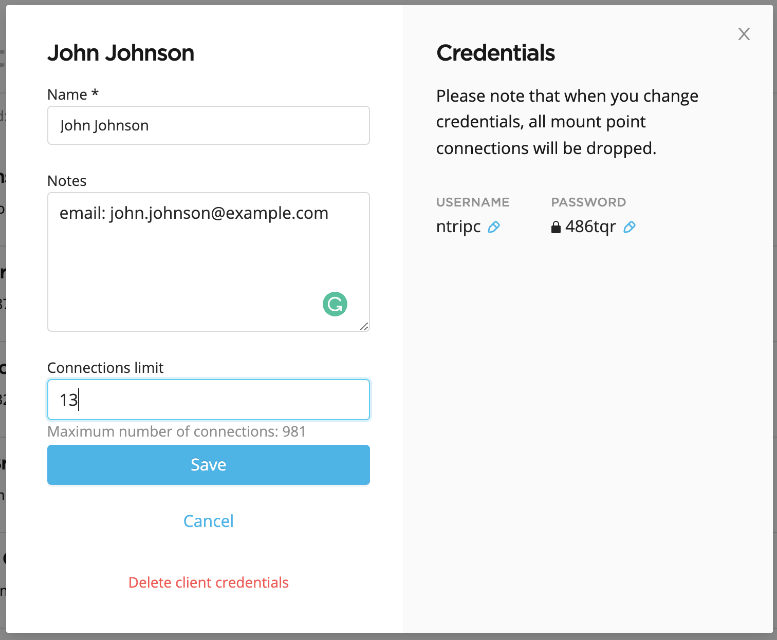 Configurazione credenziali cliente