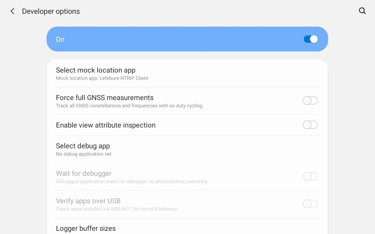 Selezione posizione fittizia per l'app Lefebure NTRIP Client in Opzioni sviluppatore del proprio dispositivo Android