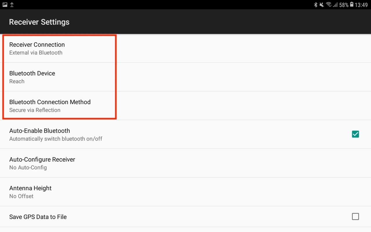 Impostazioni di connessione, device e metodo Bluetooth nell'app Lefebure NTRIP Client