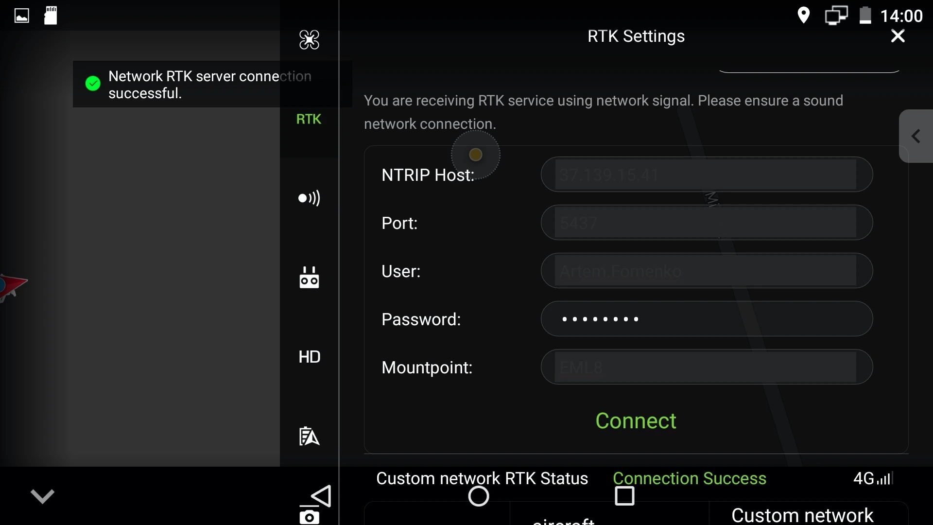 Inserimento dei dati e collegamento corretto della Base in RTK Settings