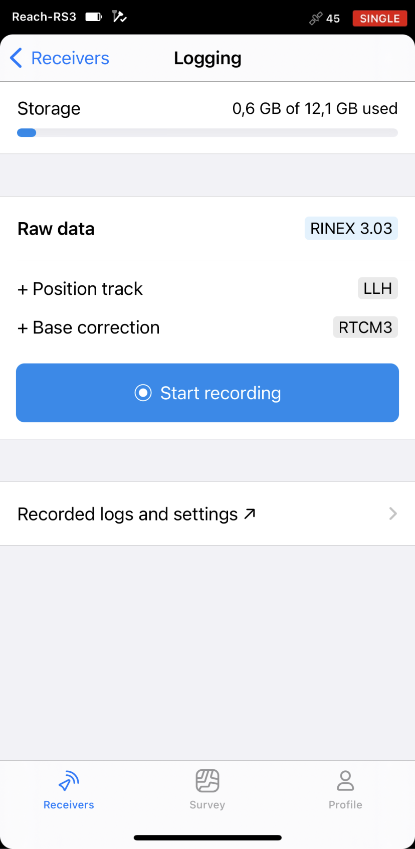 Registrazione dei log RINEX in Emlid Flow