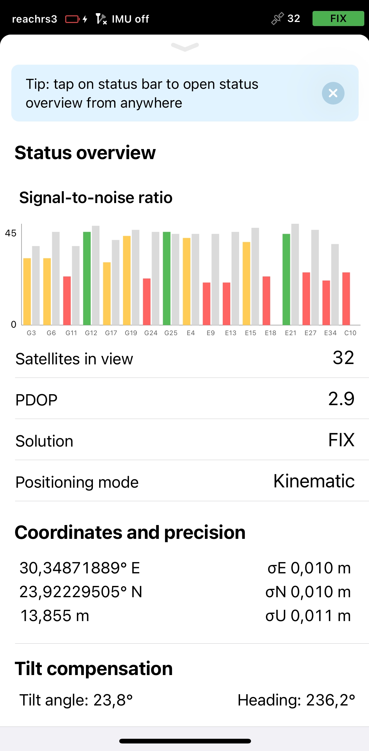 Schermata dello stato della soluzione di Emlid Reach RS3